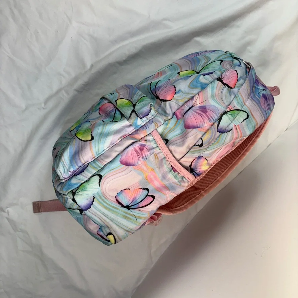 Girls Pastel Butterfly Print Backpack Pink Marbled School Bag‎ with Mesh Back